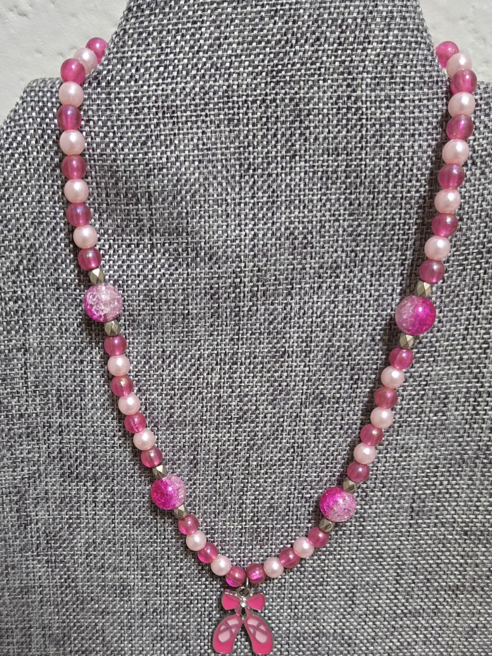 Pink Ballet Slippers Stretch Beaded Necklace Pink White Rhinestone